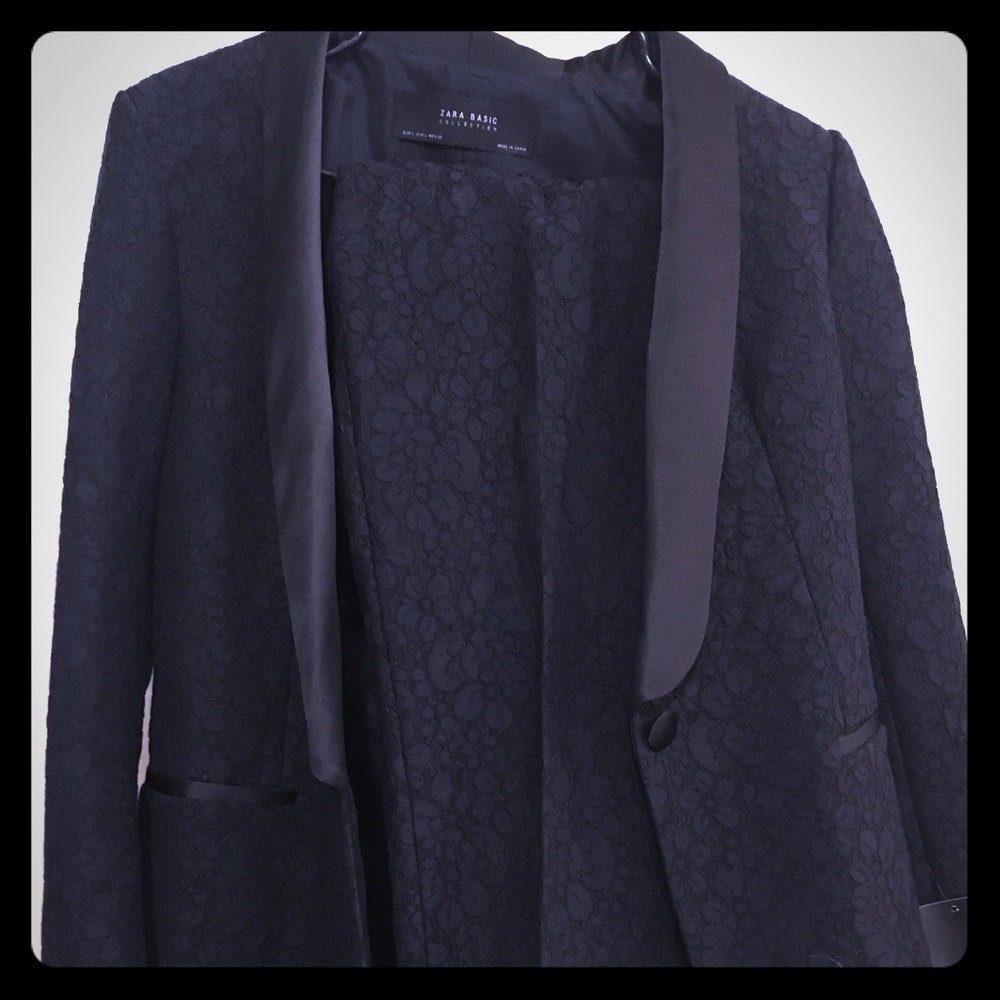 Zara navy and black floral tuxedo jacket and pants